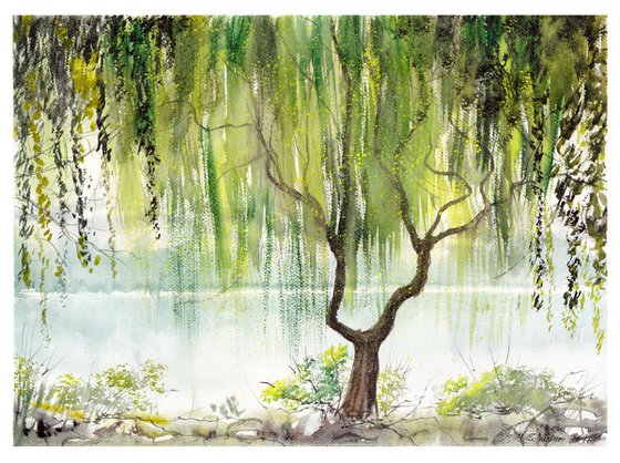 Landscape with a weeping willow tree. # 3. Watercolour landscape painting