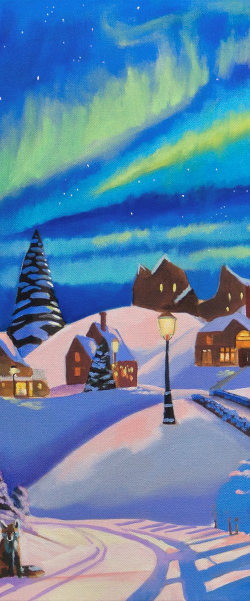 Winter fox and the northern lights