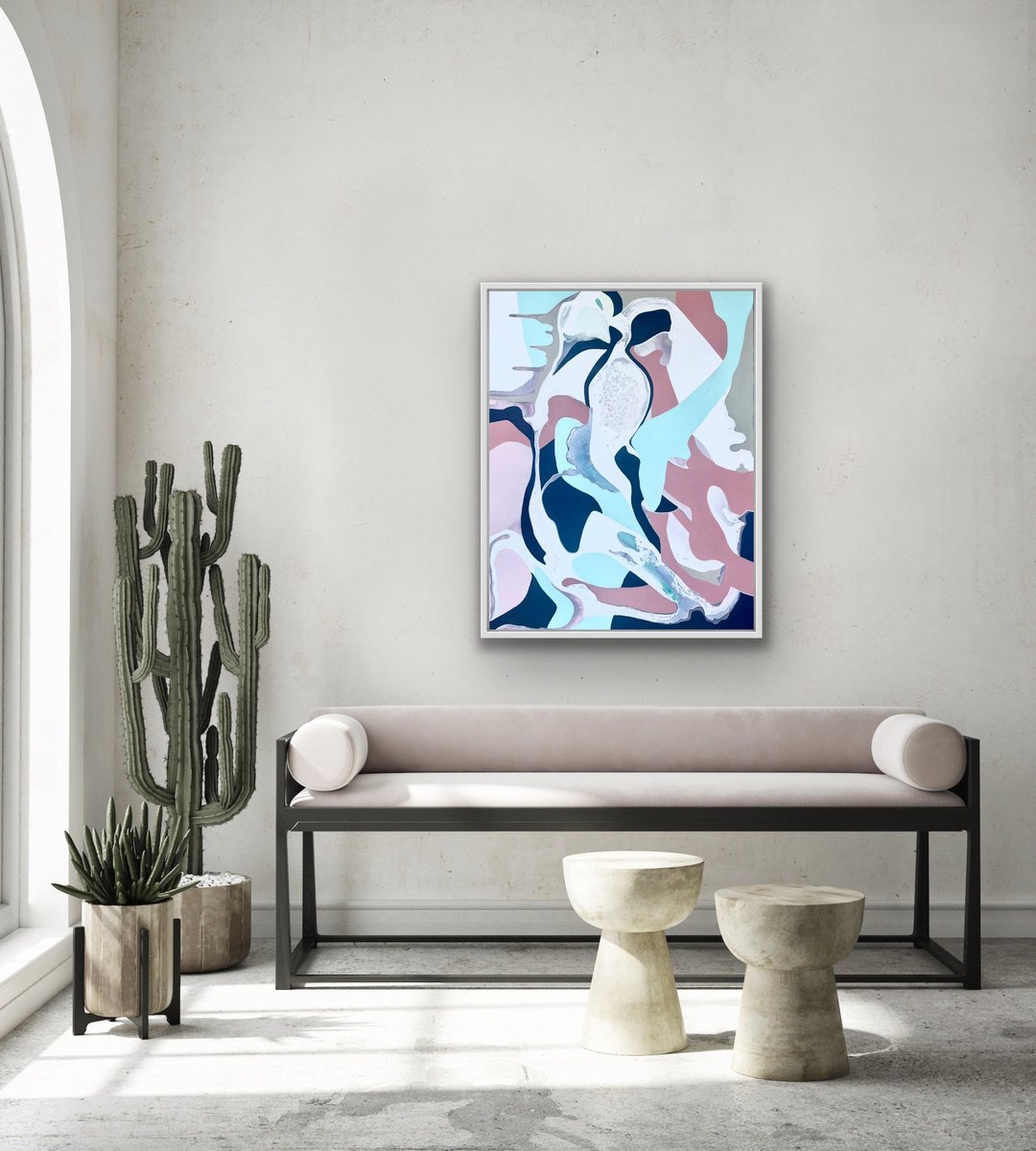 Organic Abstract Acrylic Painting By Yulia Lazorenko, 28 X 35", Birds In Love, Original Artwork