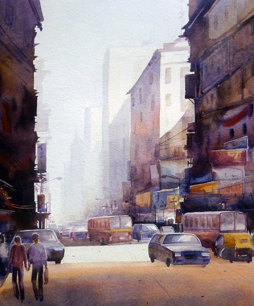 City at Morning-Watercolor on Paper by Samiran Sarkar