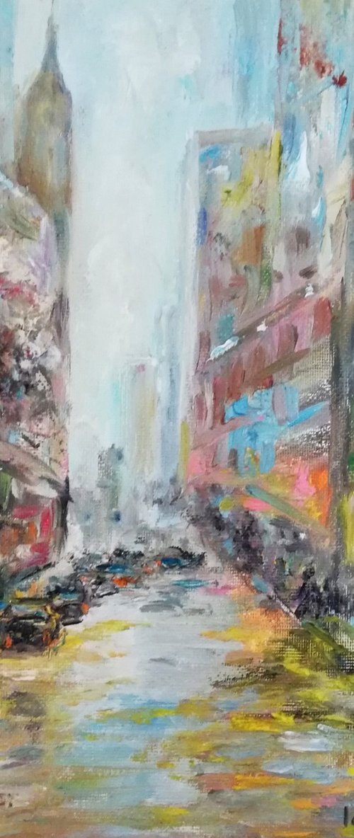 Rain in the city | London Urban Cityscape | Original Oil Artwork (2021) 12x12 in. (30x30 cm) by Katia Ricci