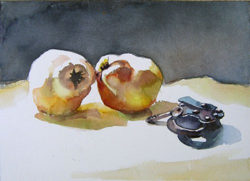 still life with quinces and old  padlock II by Goran Žigolić Watercolors