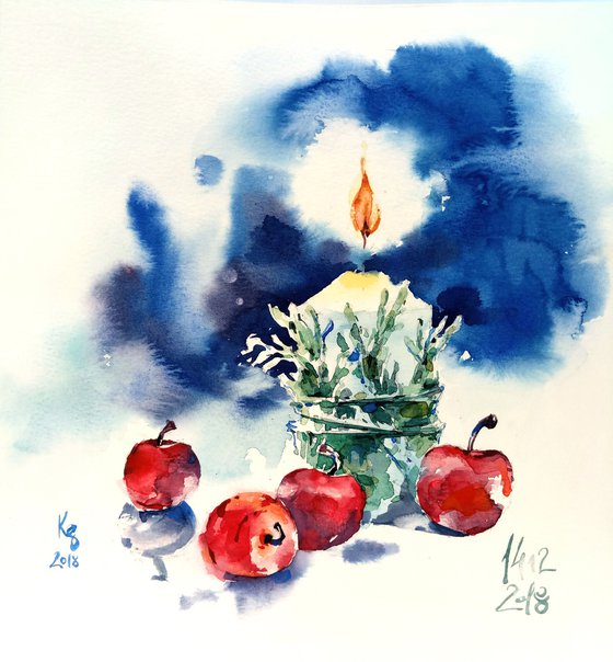 "Decorated Christmas candle" original watercolor artwork