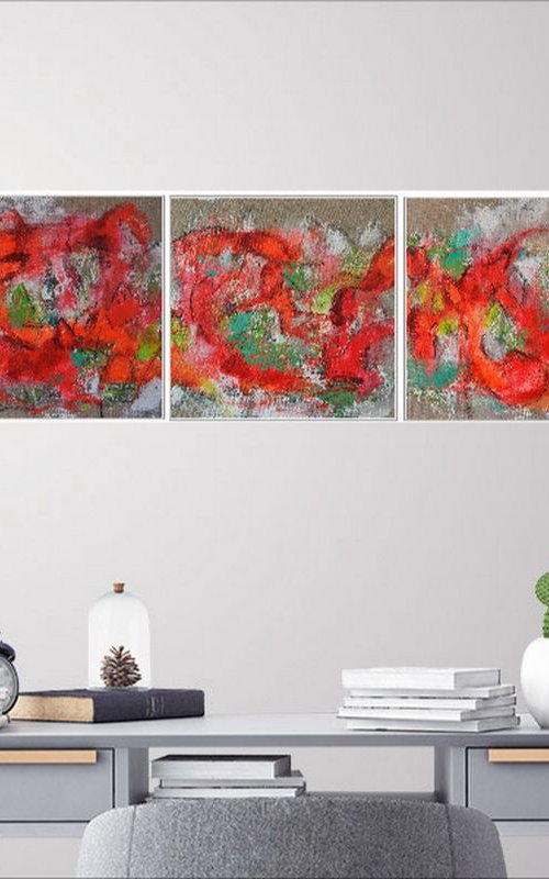 Red Triptych - small abstract works by Karin Goeppert