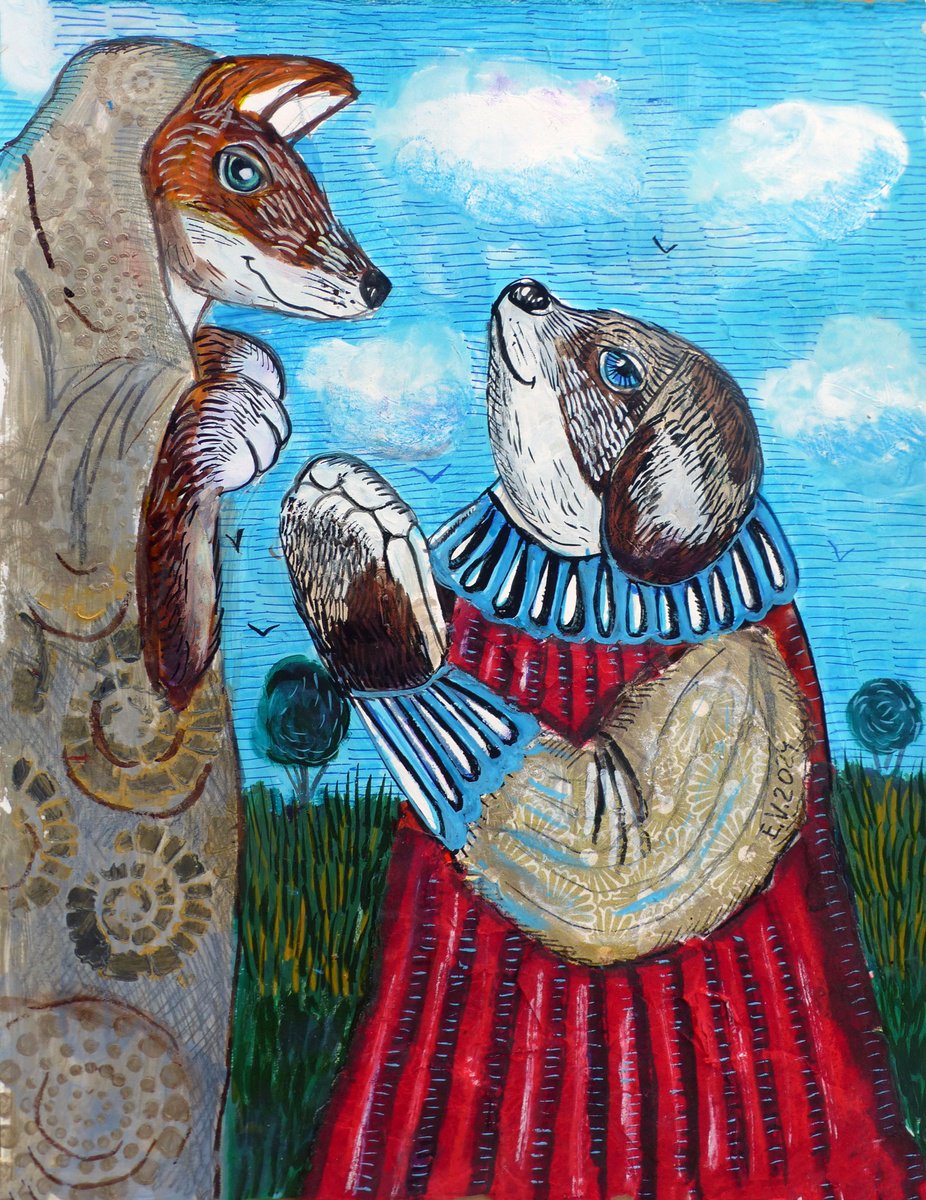 Surrealistic Animal Painting By Elizabeth Vlasova, 11 X 14, Mysterious Meeting, Original Artwork