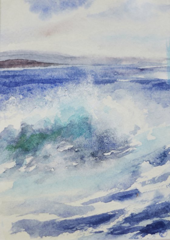 The power of the sea. Original watercolor painting, handmade.