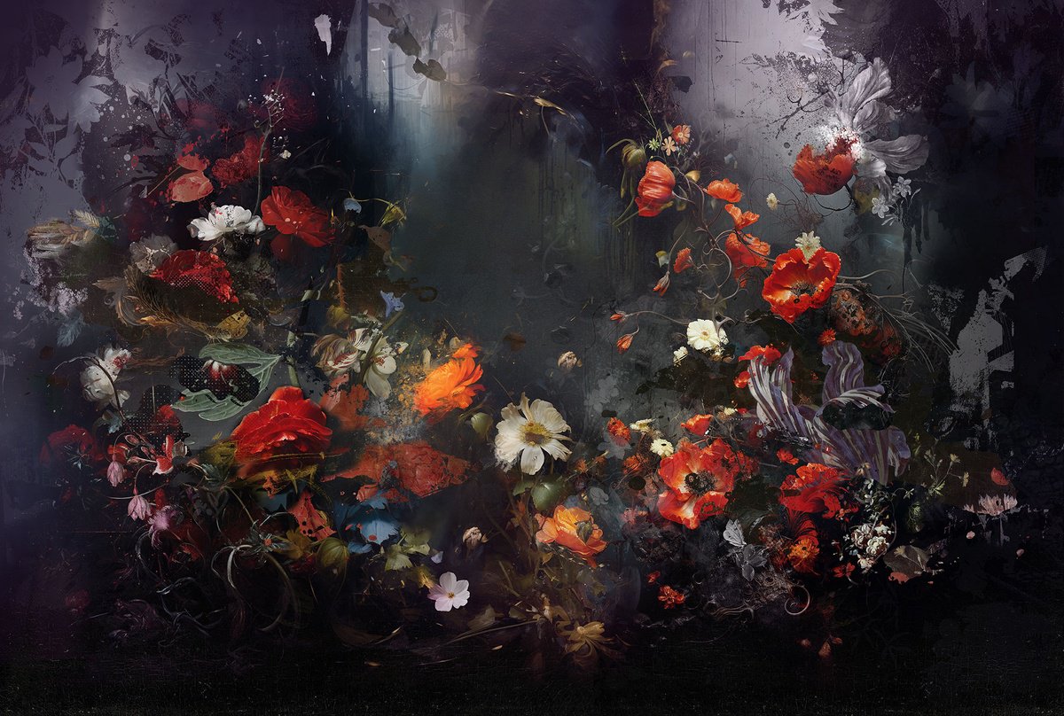 Botanical Painting By Teis Albers, 59 X 39", Floral Whirlwind, Original Artwork