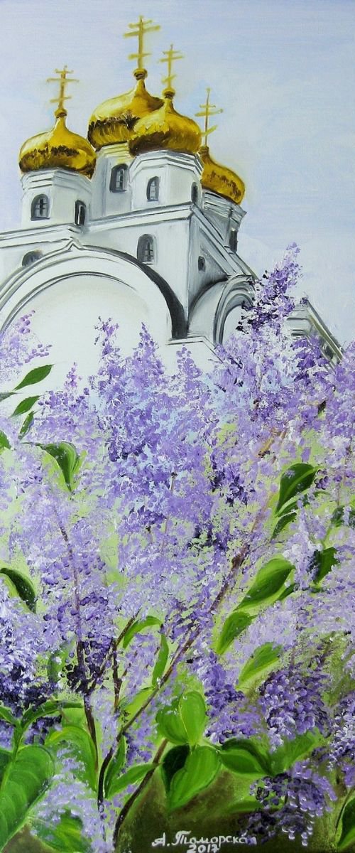 A Church in Blooming Lilac. Original Painting on Canvas. 16" x 20". 40,6 x 50,8 cm. by Alexandra Tomorskaya/Caramel Art Gallery