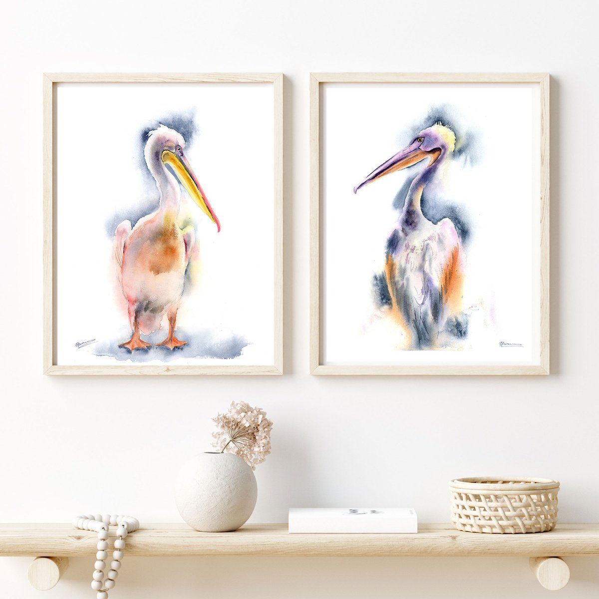 Illustrative Animal Watercolour By Olga Tchefranov (Shefranov), 22 X 15", Pelican Diptych, Original Artwork