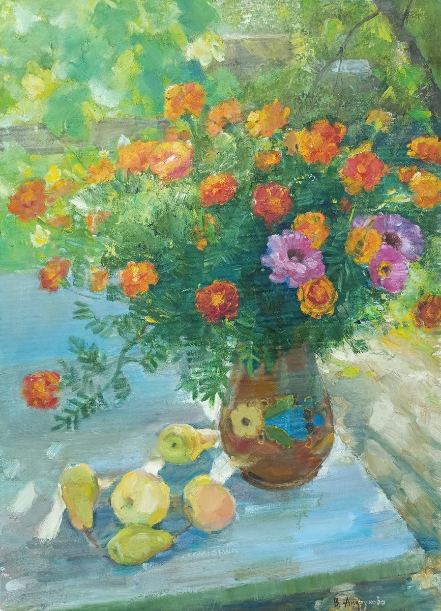 Impressionistic Still Life Oil Painting By Valentina Andrukhova, 16 X 22", Flowers In Ukrainian Village, Original Artwork