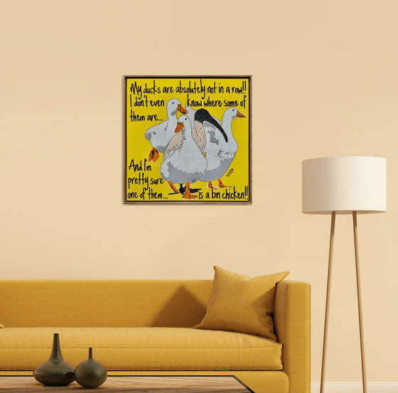 Ducks in a Row Yellow Bin Chicken Framed