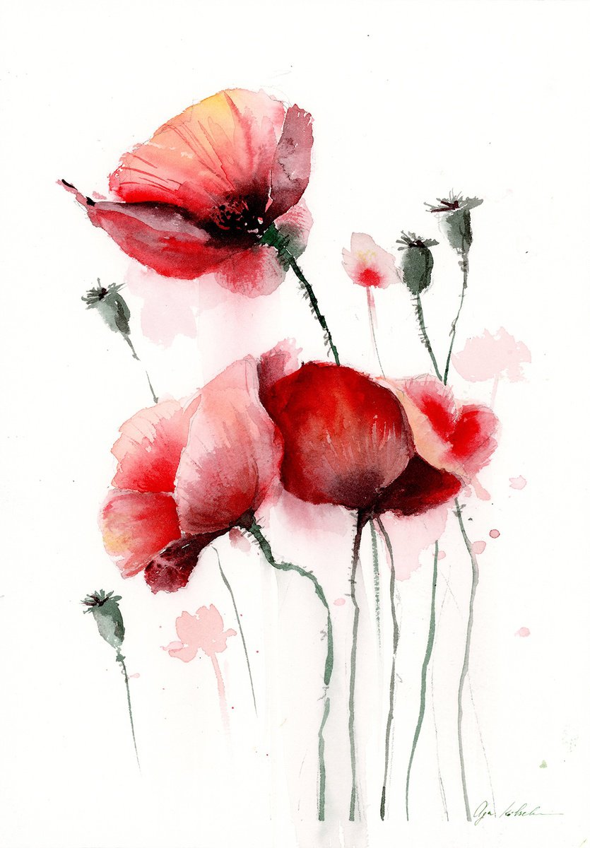 Impressionistic Botanical Watercolour By Olga Koelsch, 7 X 10", Watercolor Poppy Bouquet, Original Artwork