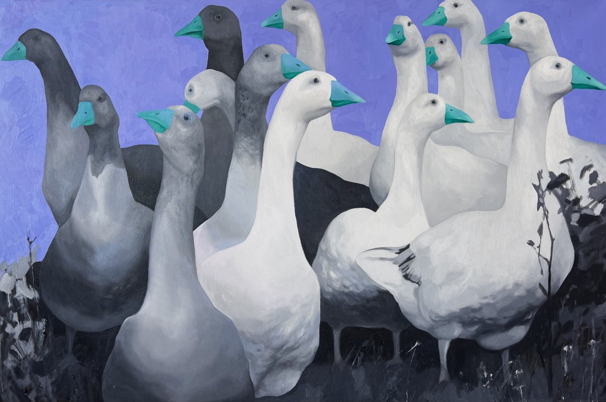 Photorealistic Animal Oil Painting By Elizaveta Pugacheva, 47 X 31, Geese, Original Artwork