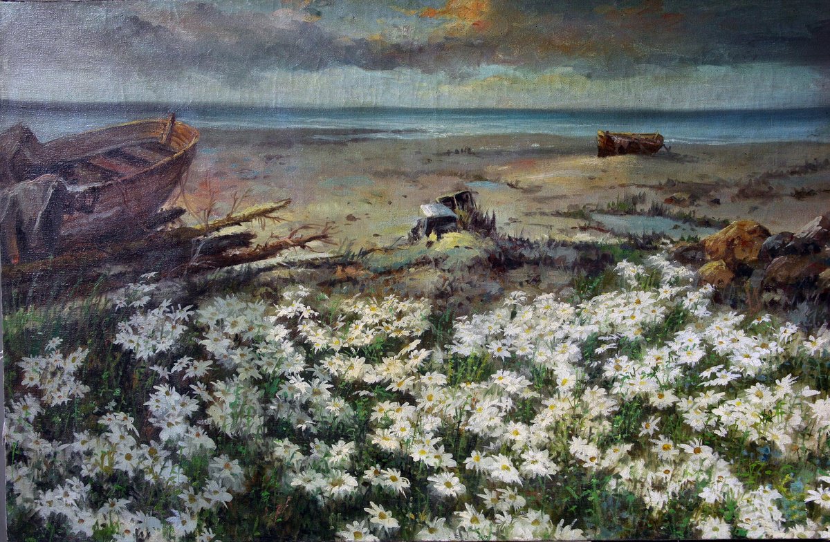 Impressionistic Landscape Oil Painting By Gouyette Jean-Michel, 35 X 23, Seaside By Daisy Shore, Old Wreck, Original Artwork