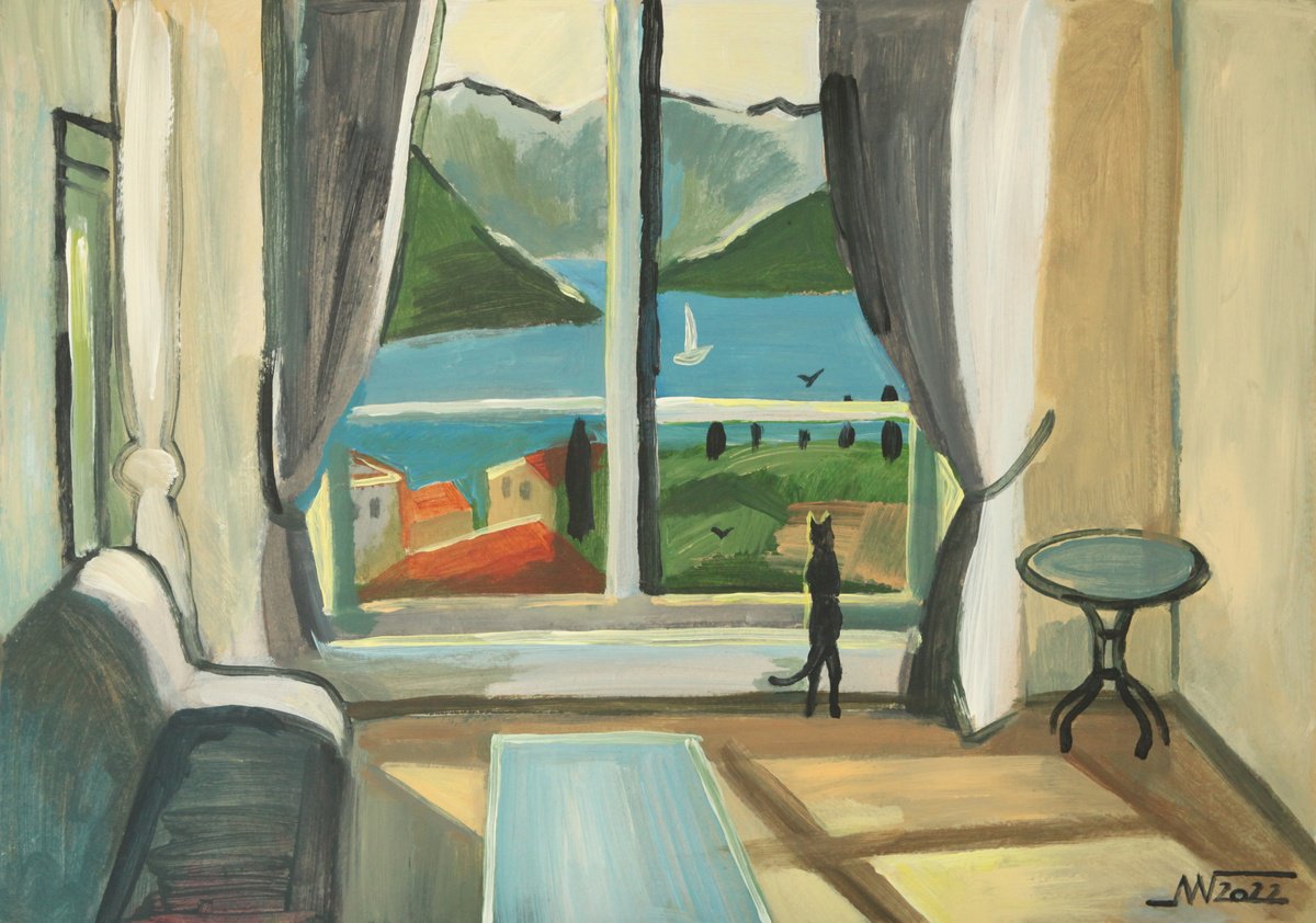 Landscape Acrylic Painting By Marina Gorkaeva, 28 X 20", Window, Original Artwork