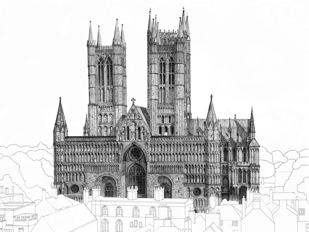 Illustrative Cityscapes Ink Drawing By Shelley Ashkowski, 30 X 22", Lincoln Cathedral, Original Artwork