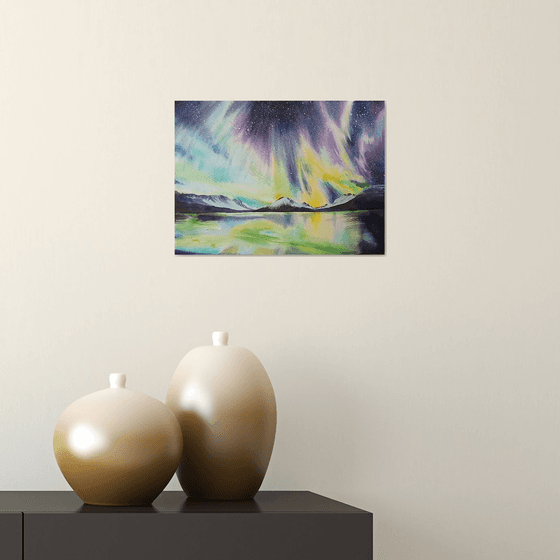 Winter glow: watercolor lights over the lake