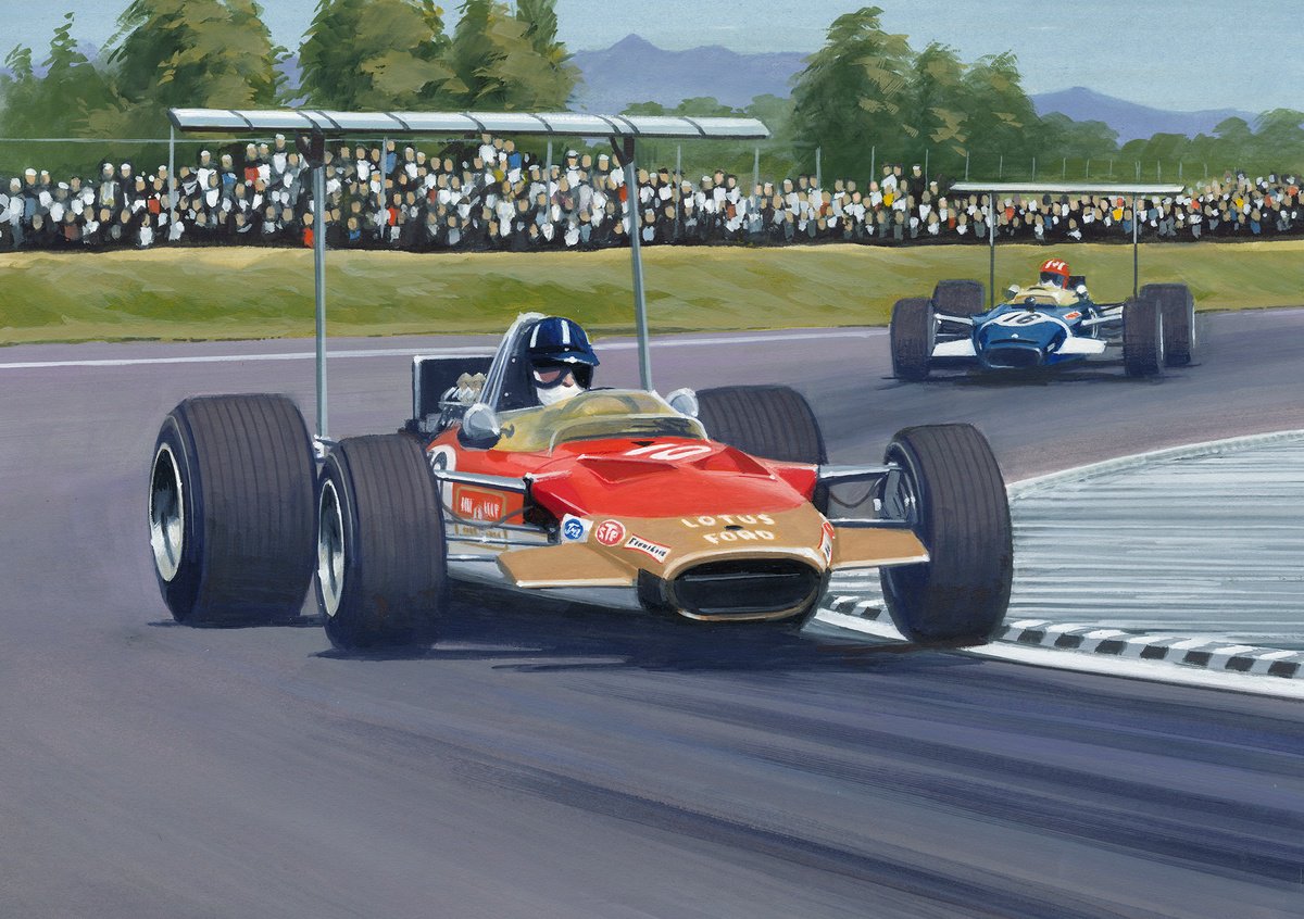 Illustrative Transport Painting By Martin Tomlinson, 21 X 17", Graham Hill, Lotus 49, 1968, Original Artwork