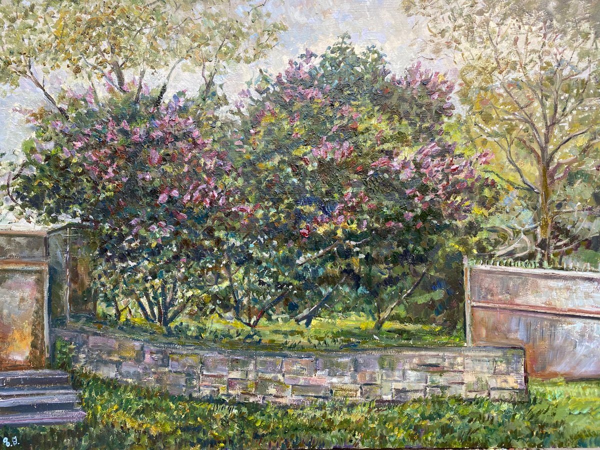 Lilacs in my Garden Countryside Landscape by Zurab Sharvadze