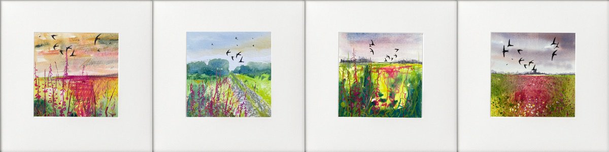 Impressionistic Botanical Watercolour By Teresa Tanner, 36 X 9", Four Swallow Landscapes, Original Artwork