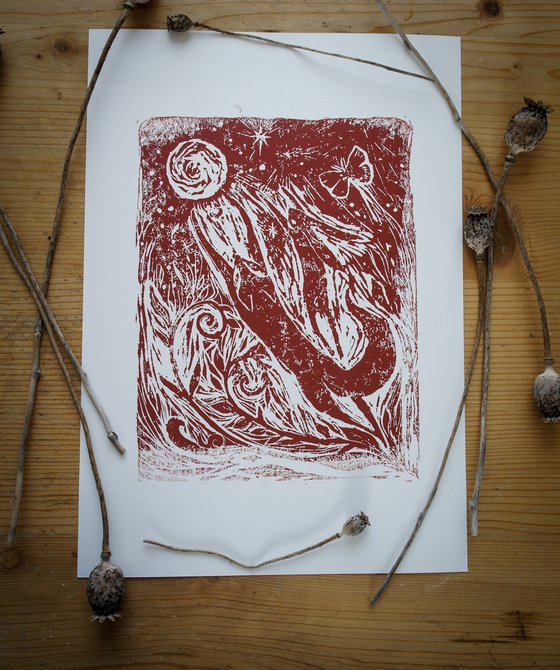 Fly To The Moon, Linocut Print