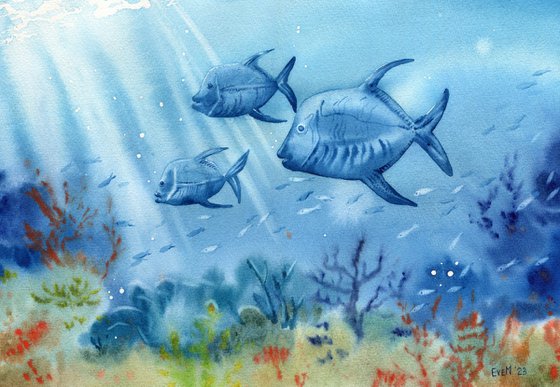 Set of two watercolor artworks. Marine fish and moray eels underwater, coral reef life. Original artwork