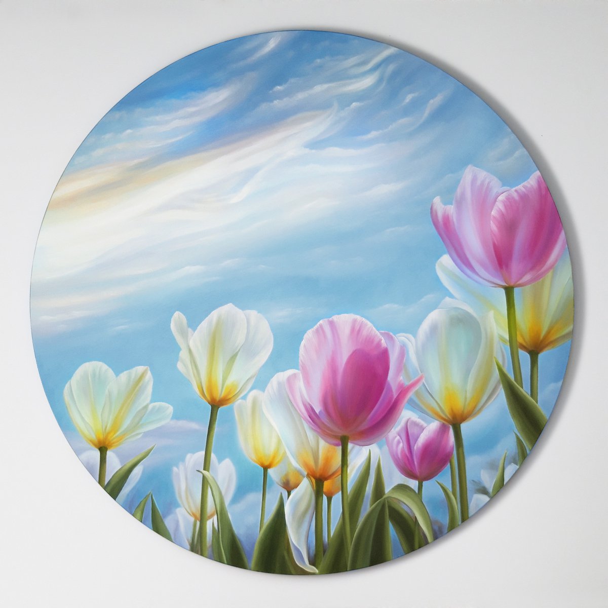 Sunny day, oil circle floral painting, tulips floral art by Anna Steshenko