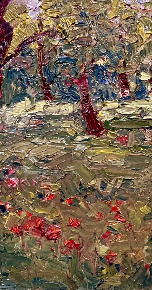 Poppies and the cherry trees landscape oil painting by Padmaja Madhu