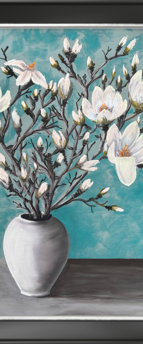Big size  White magnolia in vase by Yuliia Sharapova
