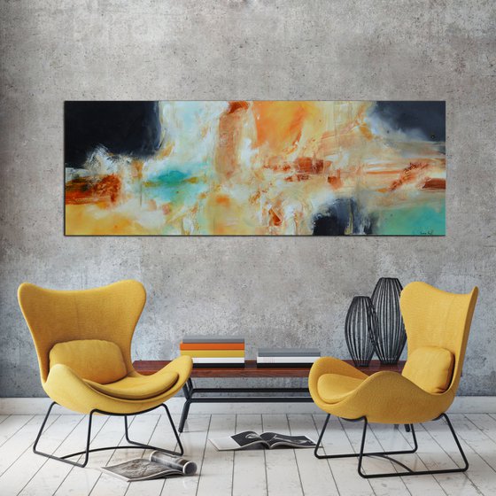 Ocean blue  (24" x 72" - 60 cm x 182 cm) Gold and aqua Abstract Painting ready to hang -