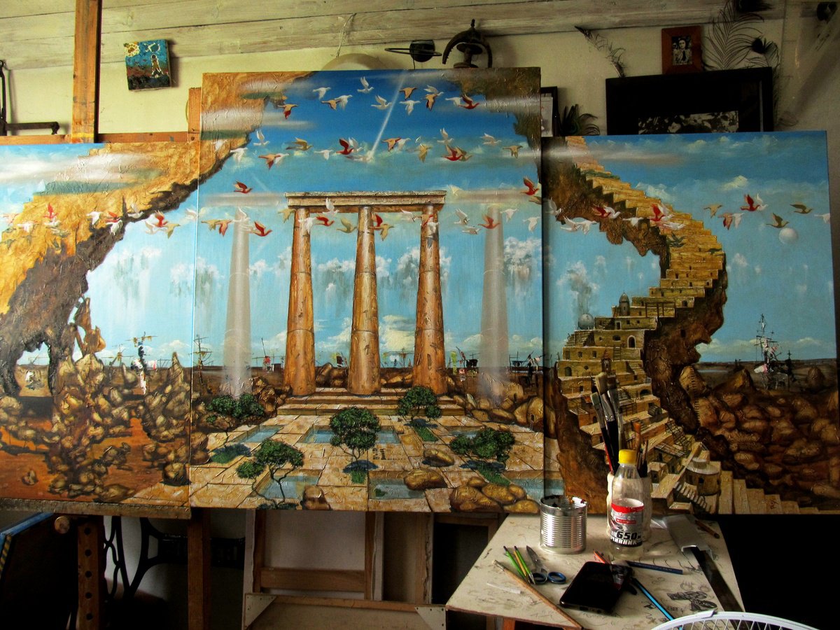 Surrealistic Landscape Oil Painting By Serhiy Roy, 77 X 37", Stairway To Heaven, Original Artwork