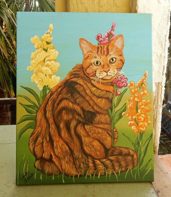 Orange Tabby Cat-Acrylic Gouache-16 x 20 Stretched Canvas-Carla Smale