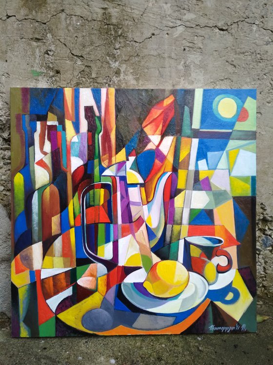 Still life with Lemon (60x60cm, cubism, oil painting, ready to hang)
