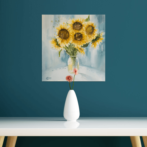 Sunflowers on turquoise. Medium format watercolor painting. Original bright interior provence decor yellow light gift
