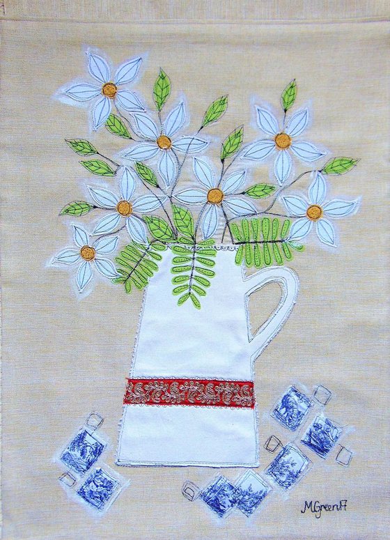 "Happiness in a Jug" - textile collage