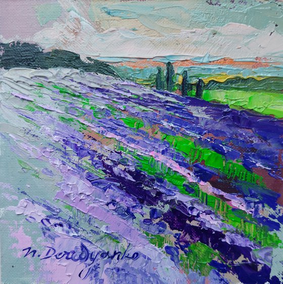 Yorkshire Lavender flowers field painting original, Purple Landscape oil painting art miniatures in frame, Mini painting guest gift