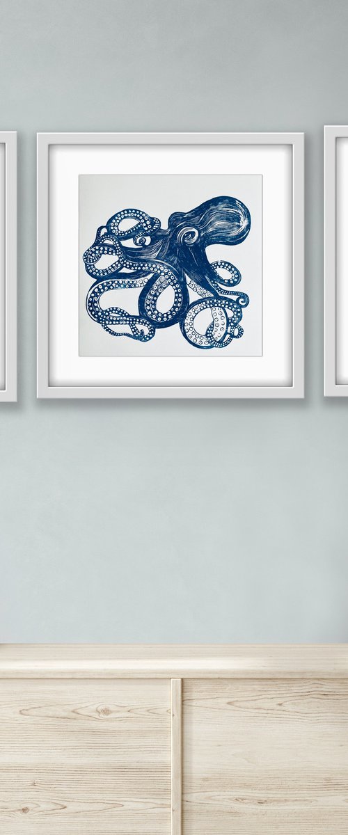 Sealife Triptych Linocuts (Cerulean Blue) by Amy Cundall