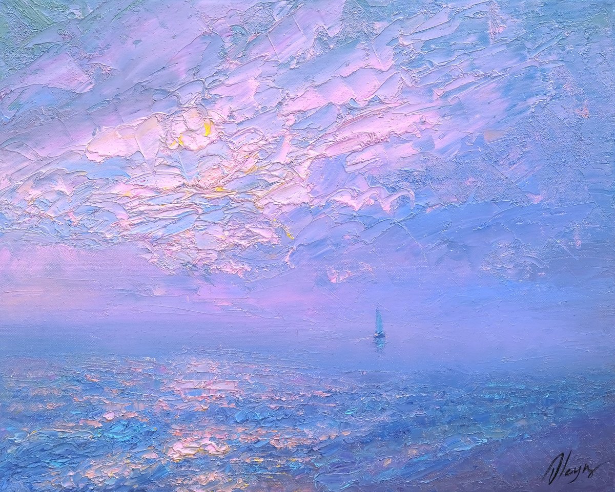 Impressionistic Landscape Oil Painting By Dmitry Oleyn, 20 X 16, Pink Sea, Original Artwork