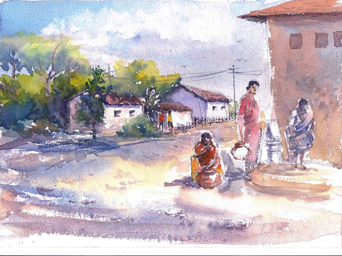 Indian Village Morning Landscape Watercolor by Asha Shenoy