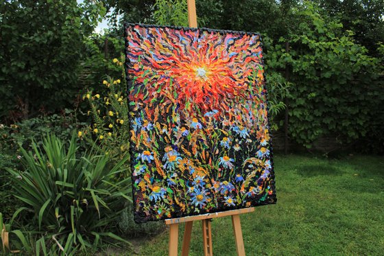 Wheatfield with daisies on the sunset