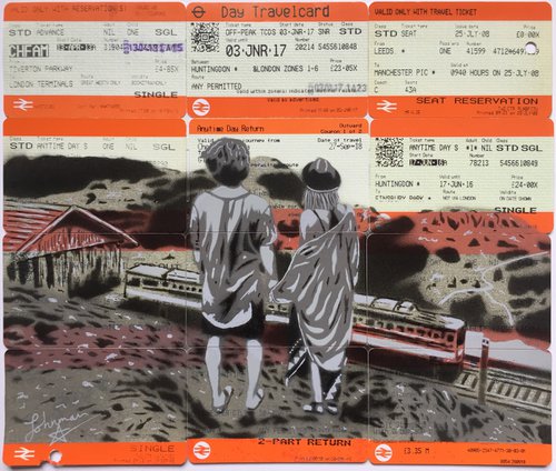 "A Cherished Adventure" - Spray paint on orange British Rail / train tickets in romantic graffiti pop art style. by Johnman
