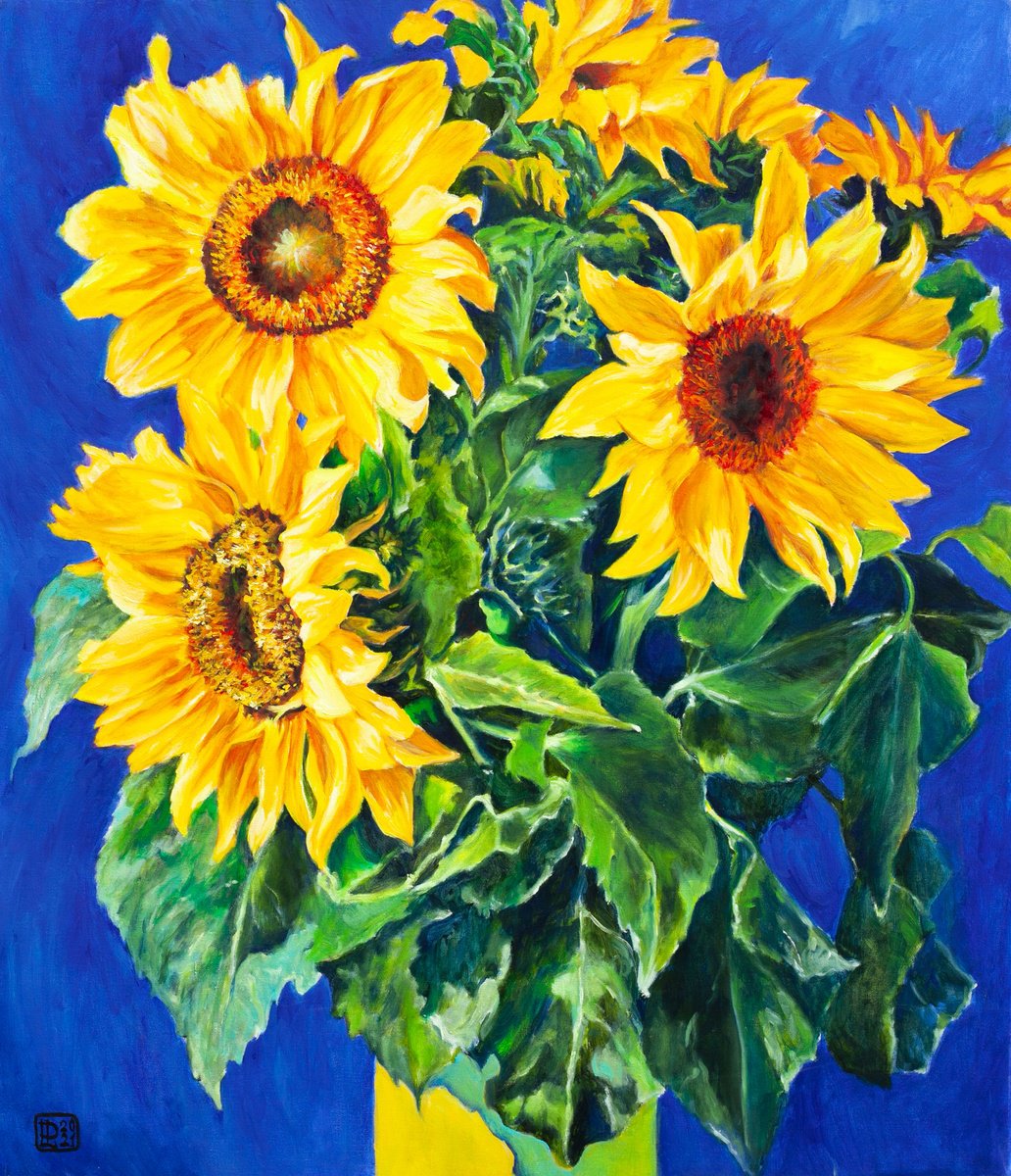 Expressive Botanical Oil Painting By Liudmila Pisliakova, 24 X 28", Sunflowers, Original Artwork