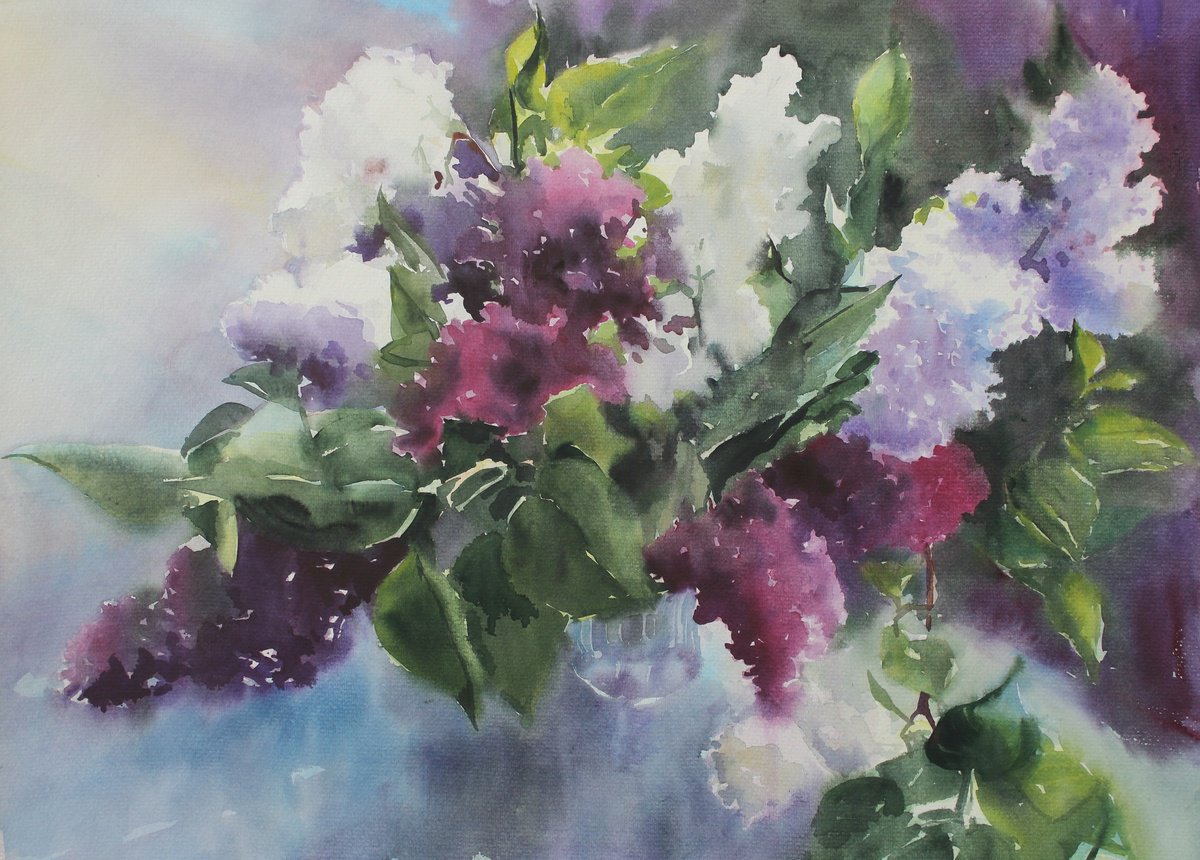 Impressionistic Botanical Watercolour By Yurii Pashkov, 28 X 20", Lilac Bouquet, Original Artwork