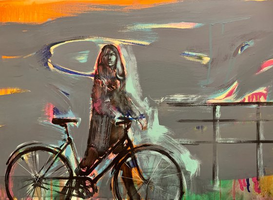 Big painting - "Autumn" - Girl - Bikes - Bicycle - Pop Art - Urban