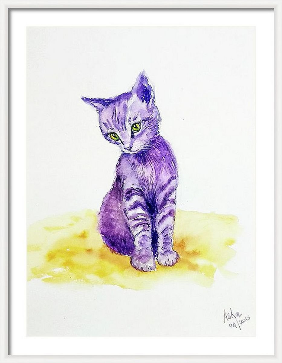 Kitten painting Cute purple kitten 14.20 x 10.50 by Asha Shenoy