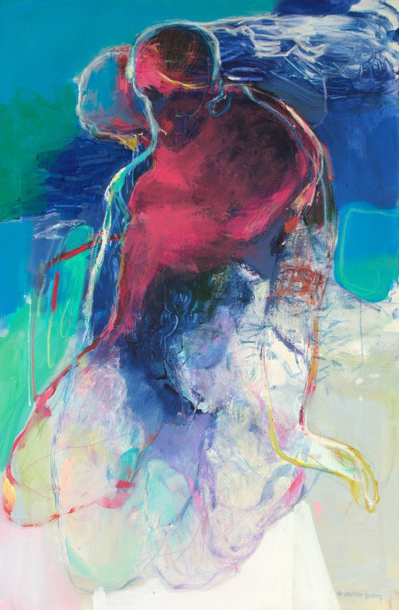 Abstract Portrait Acrylic Painting By Magdalena Morey, 26 X 39", Riverside, Original Artwork