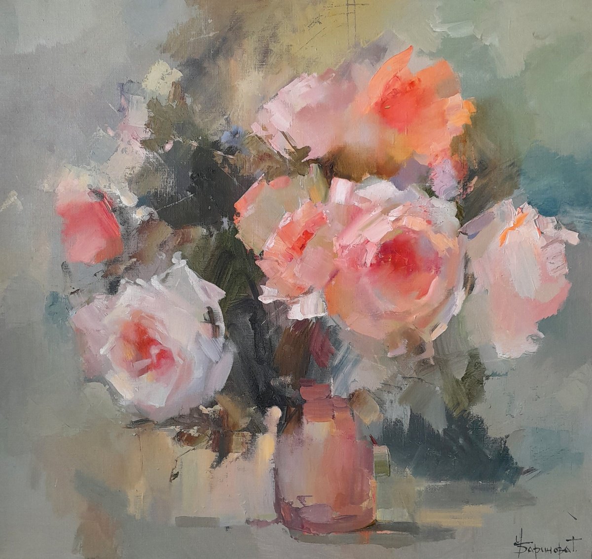 Impressionistic Botanical Oil Painting By Tatyana Barinova, 31 X 30", Echo, Original Artwork