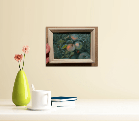 Apples on a tree brunch original miniature oil painting
