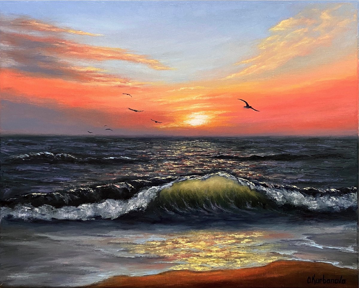 Photorealistic Landscape Oil Painting By Olga Kurbanova, 20 X 16", Comfy Sunset, Original Artwork