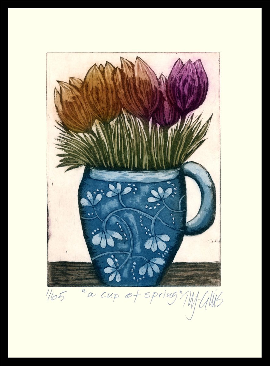 a cup of Spring, aquatint etching by Mariann Johansen-Ellis